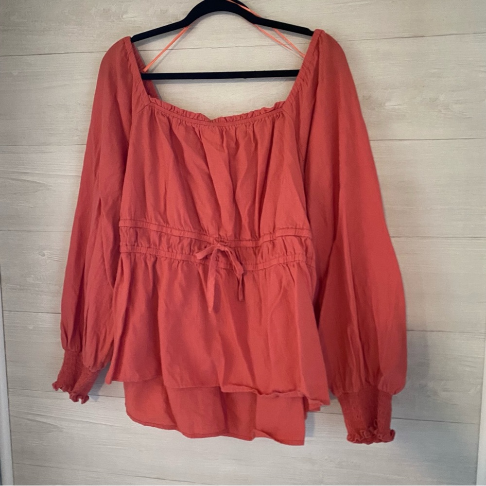Ava & Viv Women's Long Sleeve Peplum Top in Coral Red Smocked with Tie 3X